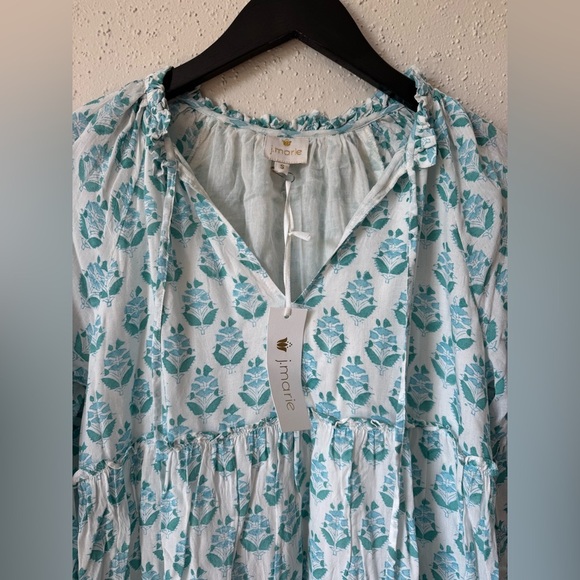 NWT J Marie Long Sleeve Tiered Mini Dress Small Block Print Floral White Blue - Picture 4 of 6